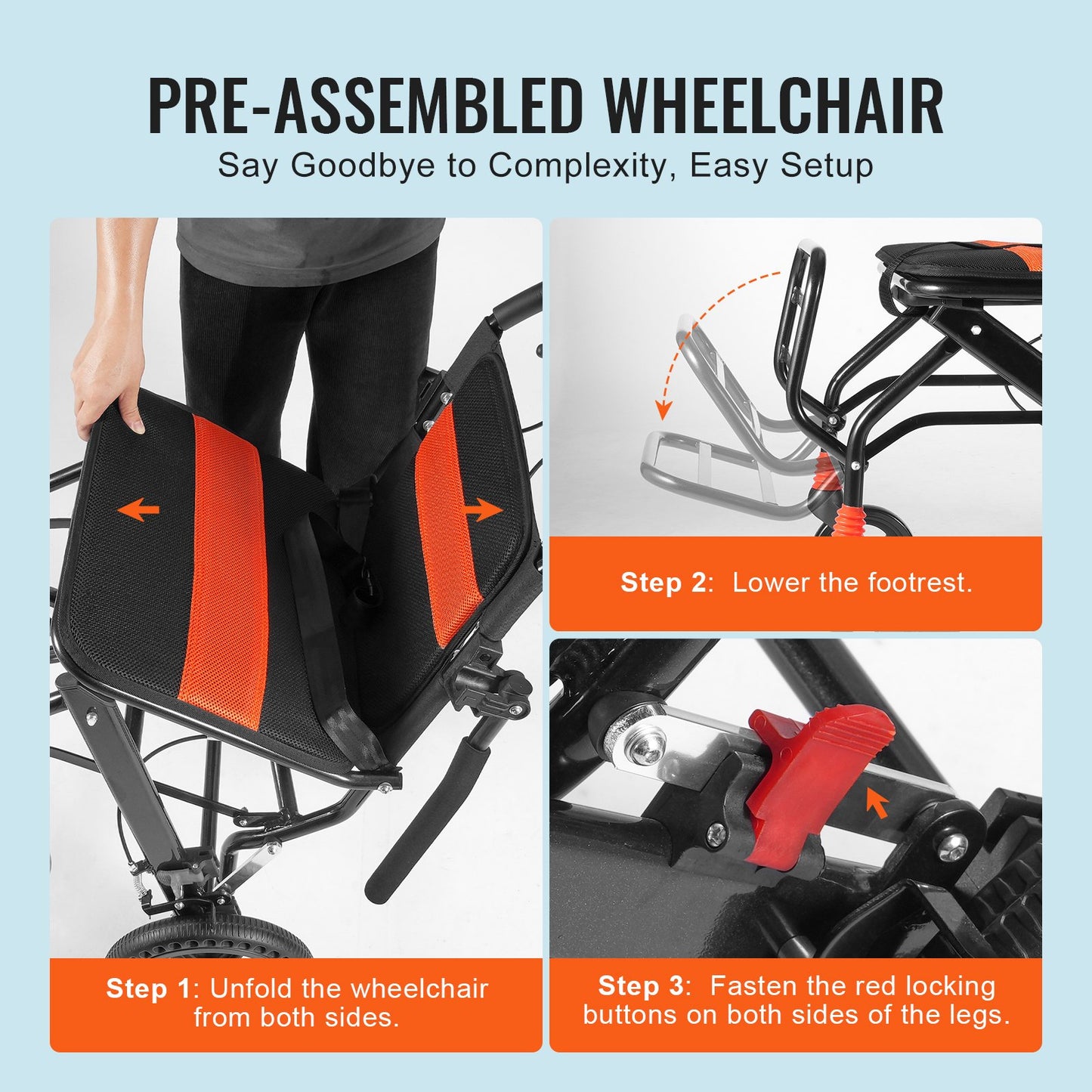 Wheelchair Aluminum Alloy Transport Chair Foldable 45.7 cm W Seat 99.8 kg