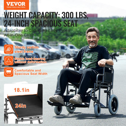 Wheelchair, Carbon Steel Transport Chair for Adults, Foldable Wheelchair with Detachable Armrest, Self-locking Brake, 24-Inch Wide Seat, 300lbs Weight Capacity, for the Disabled Move Freely
