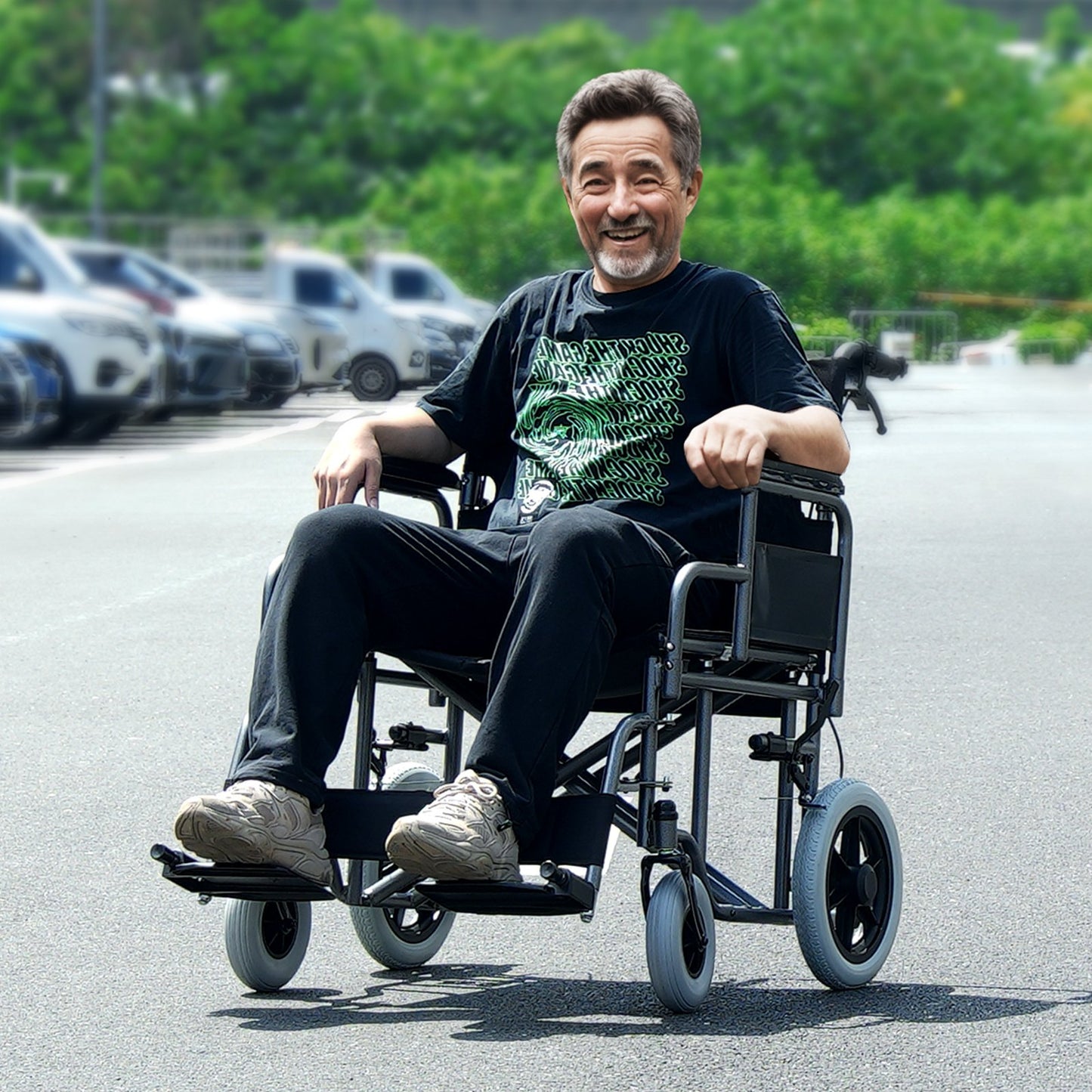 Wheelchair, Carbon Steel Transport Chair for Adults, Foldable Wheelchair with Detachable Armrest, Self-locking Brake, 24-Inch Wide Seat, 300lbs Weight Capacity, for the Disabled Move Freely