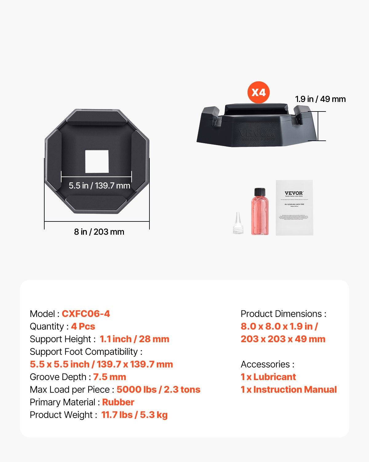 RV Leveling Pads, 4-Pack Rubber Trailer Jack Pads, Each with 5000 lbs Capacity, Jack Stabilizer Pad with Large Surface Area, Suitable for 5.5" Square Jack Feet, 5th Wheels Class A/C Motorhomes
