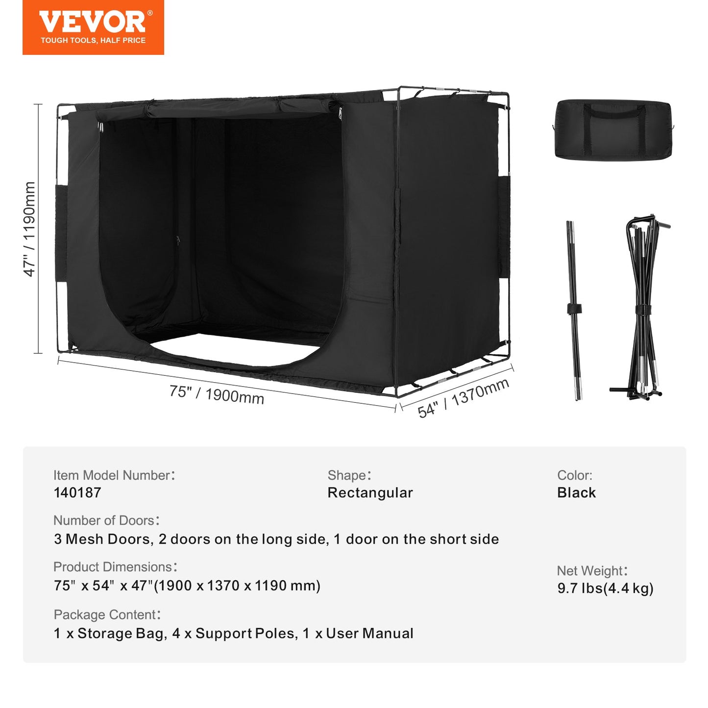 3 Doors Bed Tent Breathable Tent 70% Blackout with 0.37 in Fiber Poles 1900x1370x1190mm