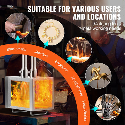 Portable Propane Forge, 2 Burner Farrier Forge, 2600℉ Tool and Knife Making Blacksmithing Gas Forge, Large Capacity Square Stainless Steel Gas Forging Tools and Equipment for Metal Forging