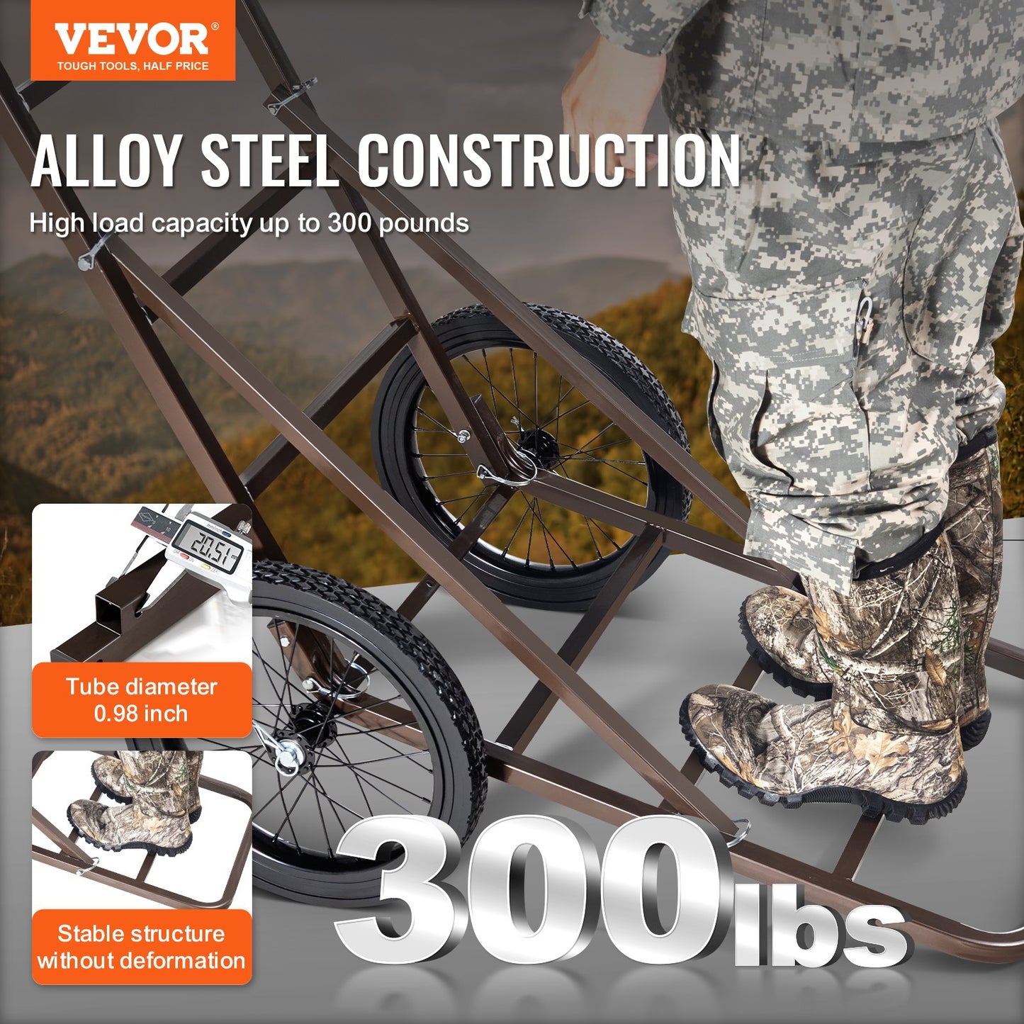 Deer Cart, 300 LBS Capacity Folding Game Cart, Deer Cart Game Hauler with Big Rubber Wheels & Ergonomic Handle, Heavy-Duty Game Cart Accessories, Utility Gear Dolly for Hunting Fishing Hiking