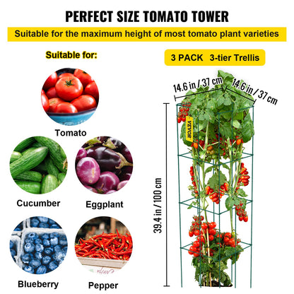 Tomato Cages, 14.6\" x 14.6\" x 39.4\", 3 Packs Tomato Cages for Garden, Square Plant Support Cages Heavy Duty, Green PVC-Coated Steel Tomato Towers for Climbing Vegetables, Plants, Flowers, Fru