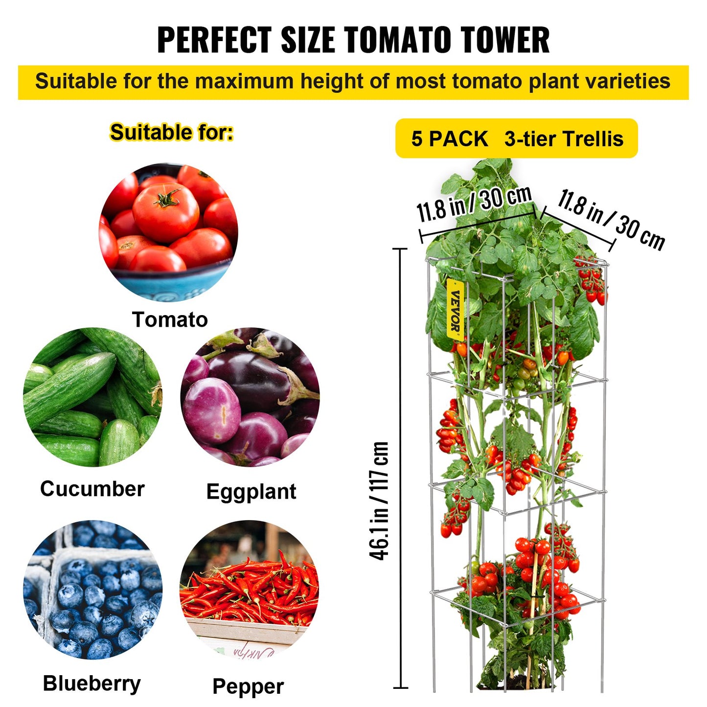 Tomato Cages, 11.8\" x 11.8\" x 46.1\", 5 Packs Square Plant Support Cages, Silver PVC-Coated Steel Tomato Towers for Climbing Vegetables, Plants, Flowers, Fruits