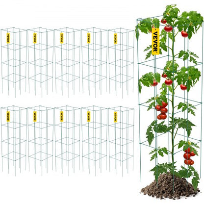Tomatenkäfige, 30 x 30 x 117 cm, 10er-Packung, quadratische Pflanzenstützkäfige, grüne PVC-beschichtete Stahl-Tomatentürme für Klettergemüse, Pflanzen, Blumen und Früchte