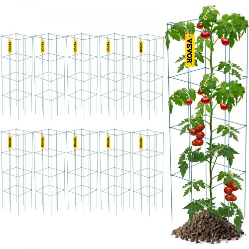 Tomatenkäfige, 30 x 30 x 117 cm, 10er-Packung, quadratische Pflanzenstützkäfige, grüne PVC-beschichtete Stahl-Tomatentürme für Klettergemüse, Pflanzen, Blumen und Früchte