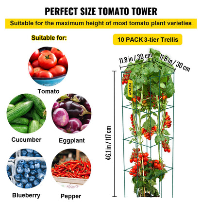 Tomatenkäfige, 30 x 30 x 117 cm, 10er-Packung, quadratische Pflanzenstützkäfige, grüne PVC-beschichtete Stahl-Tomatentürme für Klettergemüse, Pflanzen, Blumen und Früchte