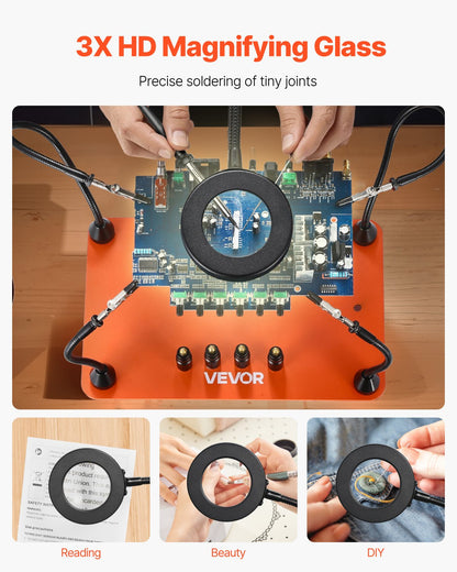 Magnetic Helping Hands Soldering Station, 4 Flexible Arms Third Hand Soldering Tool, with 3X LED Magnifying Lamp, 4 PCB Pillar Holder & Heavy-Duty Base, Electronic Repair Craft Hobby DIY