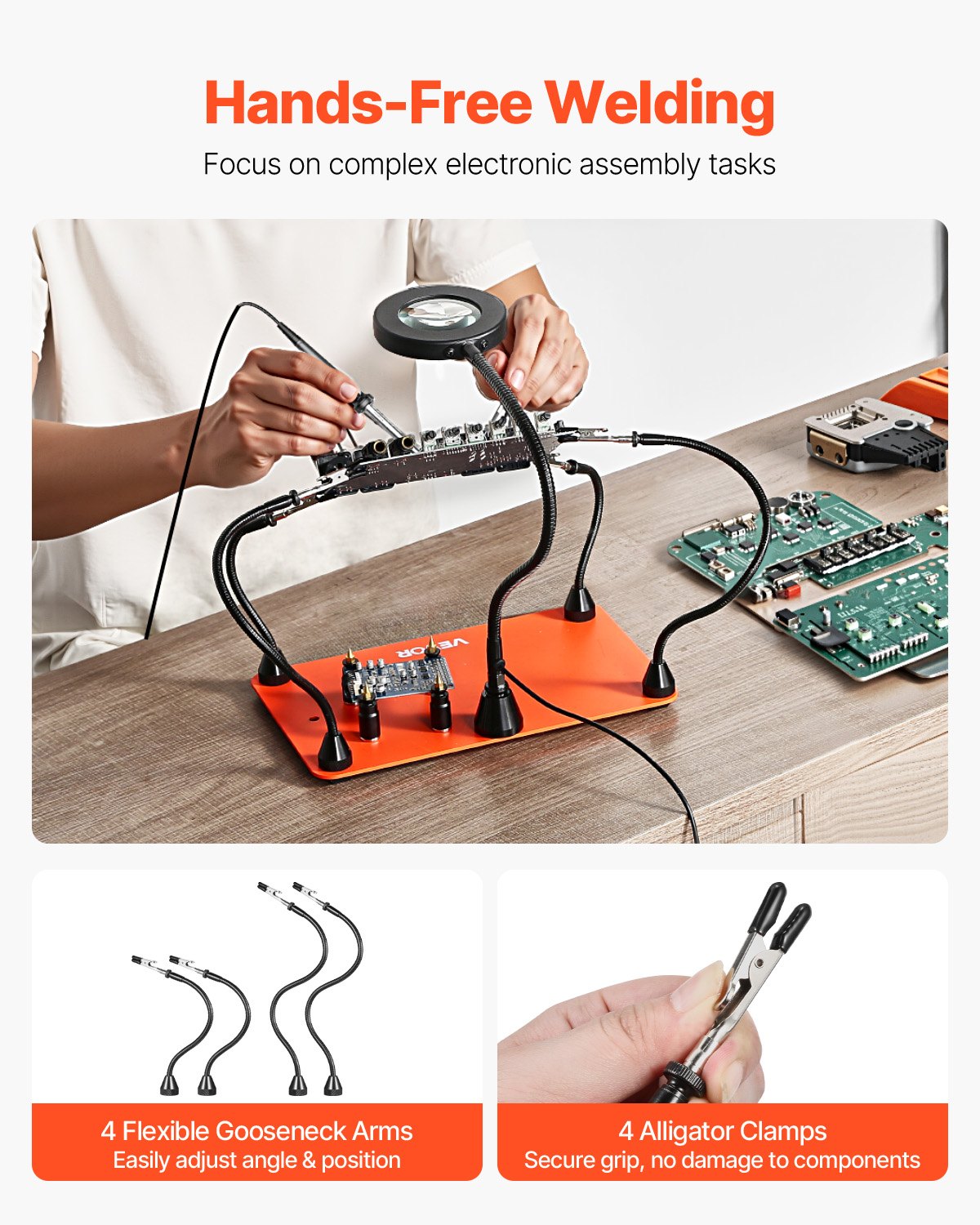 Magnetic Helping Hands Soldering Station, 4 Flexible Arms Third Hand Soldering Tool, with 3X LED Magnifying Lamp, 4 PCB Pillar Holder & Heavy-Duty Base, Electronic Repair Craft Hobby DIY