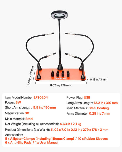 Magnetic Helping Hands Soldering Station, 4 Flexible Arms Third Hand Soldering Tool, with 3X LED Magnifying Lamp, 4 PCB Pillar Holder & Heavy-Duty Base, Electronic Repair Craft Hobby DIY