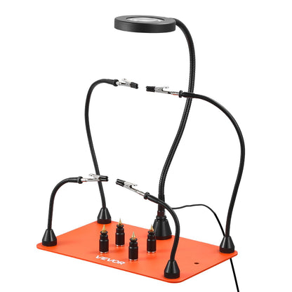 Magnetic Helping Hands Soldering Station, 4 Flexible Arms Third Hand Soldering Tool, with 3X LED Magnifying Lamp, 4 PCB Pillar Holder & Heavy-Duty Base, Electronic Repair Craft Hobby DIY