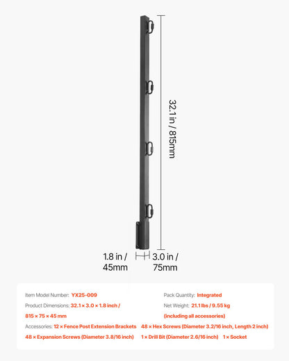 Fence Post Extender, 12 Packs 815 mm Barbed Wire Arm, Sturdy Steel Fence Height Extender, Flat or Surface Mounted Barbed Wire Extension Arms, Protect Privacy and Prevent Pets Jumping Off