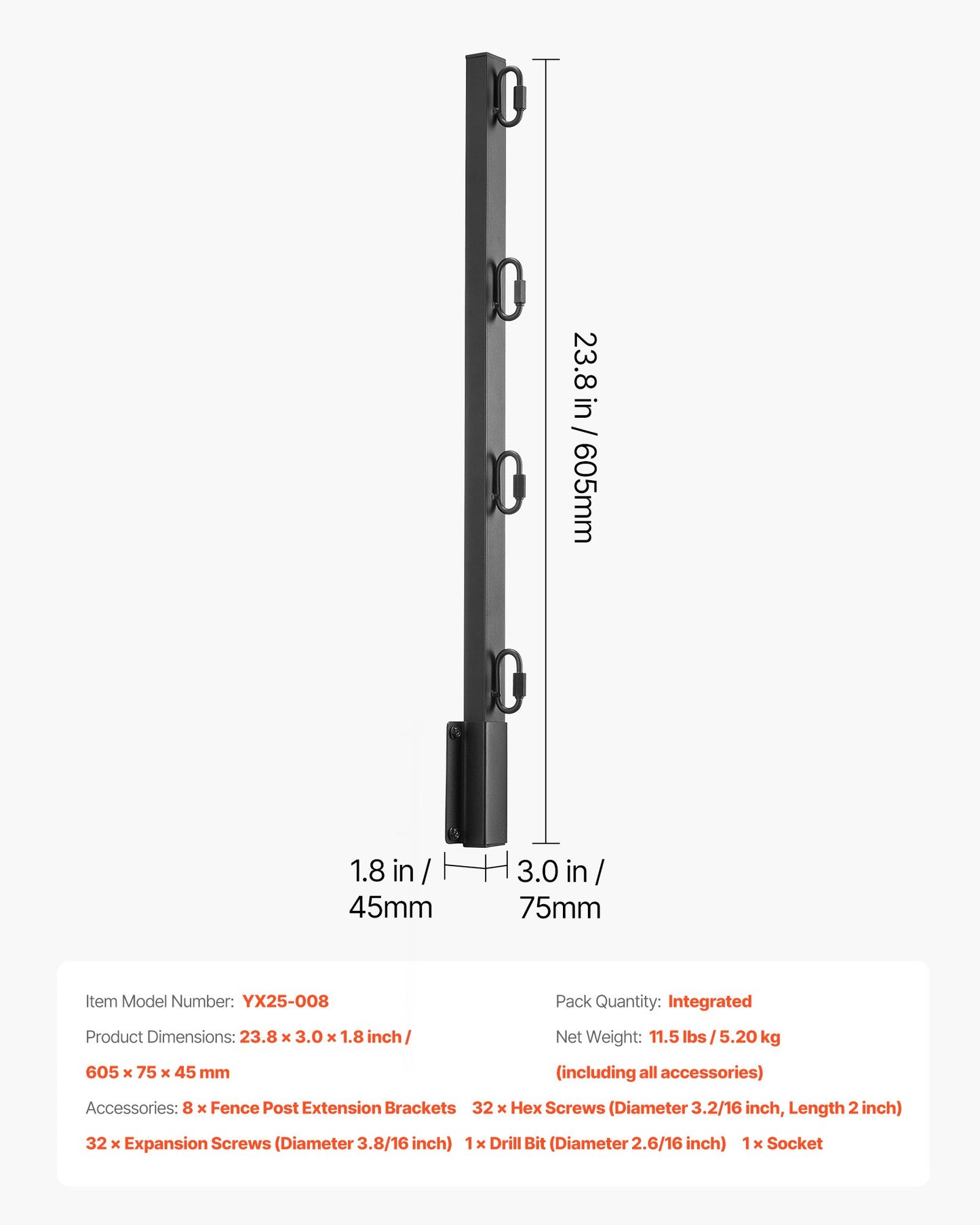Fence Post Extender, 8 Packs 605 mm Barbed Wire Arm, Sturdy Steel Fence Height Extender, Flat or Surface Mounted Barbed Wire Extension Arms, Protect Privacy and Prevent Pets Jumping Off