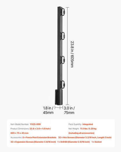 Fence Post Extender, 8 Packs 605 mm Barbed Wire Arm, Sturdy Steel Fence Height Extender, Flat or Surface Mounted Barbed Wire Extension Arms, Protect Privacy and Prevent Pets Jumping Off
