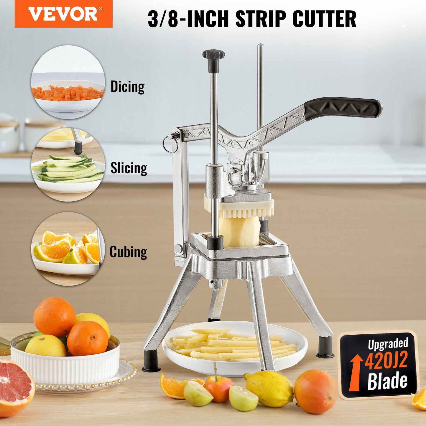 Commercial Vegetable Fruit Chopper 0.95 cm Blade Heavy Duty Professional Food Dicer Kattex French Fry Cutter Onion Slicer Stainless Steel for Tomato Peppers Potato Mushroom, Silver