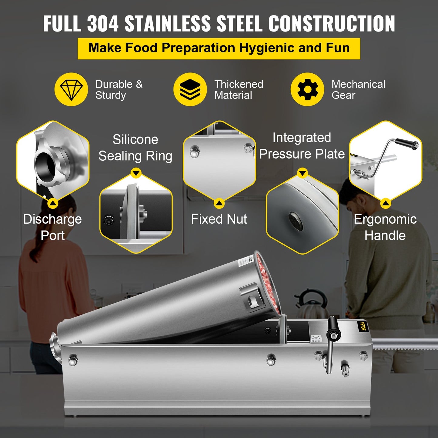 Manual Sausage Stuffer, 7 L / 15 LBS Horizontal Sausage Machine, Dual-Speed Meat Stuffer, Made of Food-Grade 304 Stainless Steel, Includes 5 Stuffing Tubes, for Home Kitchen Restaurant Commercia