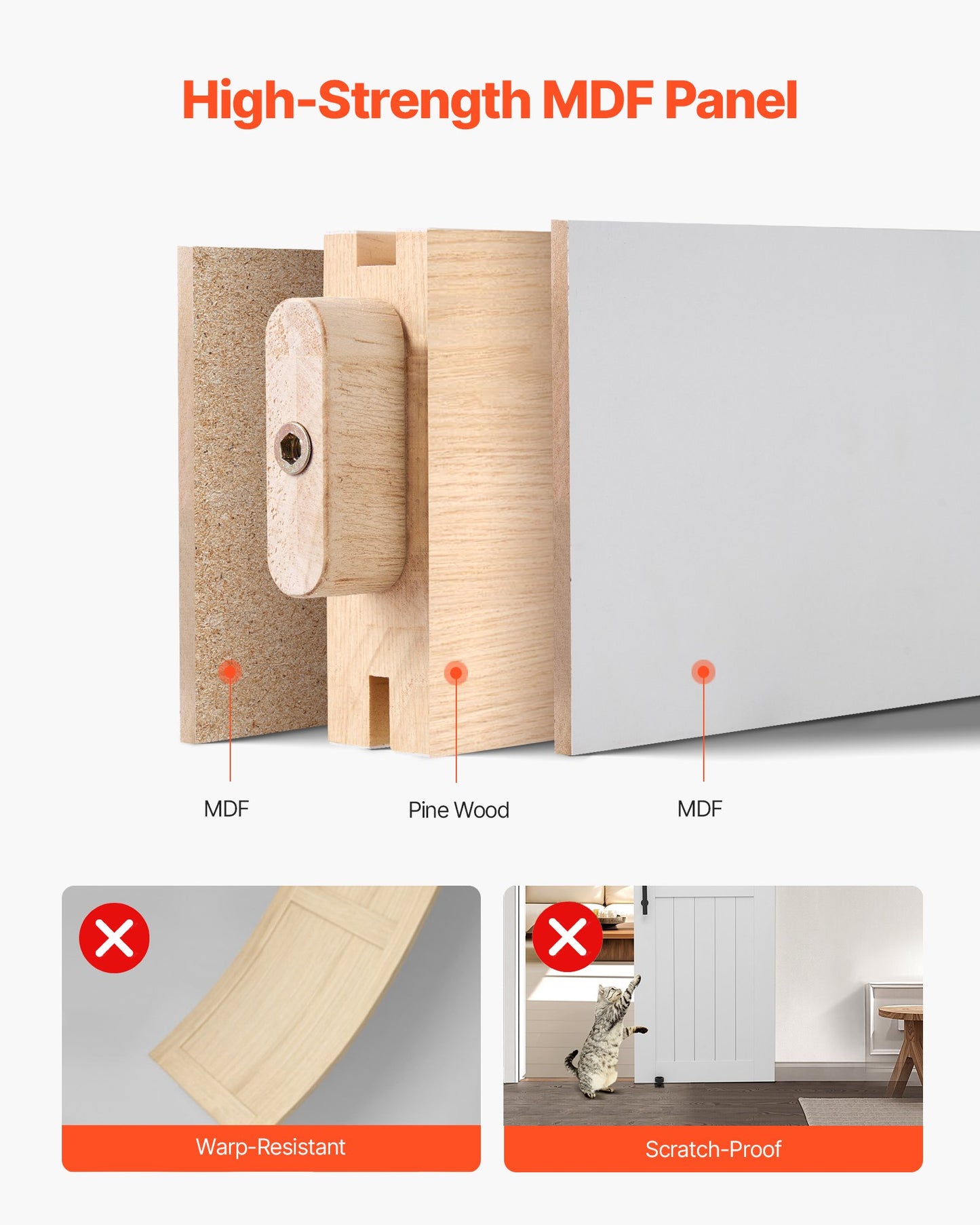 Sliding Barn Door, 762 x 2134mm, High-Strength MDF Panel, Barn Door with Hardware Kit, Water-Proof PVC Surface, Easy to Install, H-Frame, Smoothly and Quietly Sliding for Living Room, Bathroom