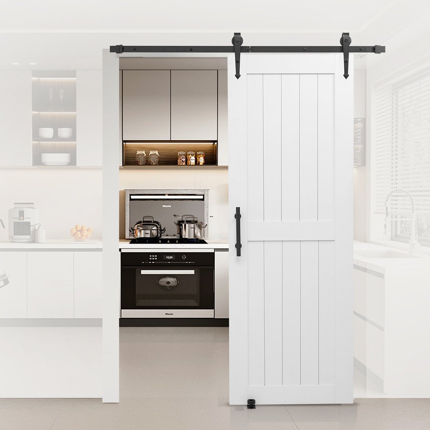 Sliding Barn Door, 762 x 2134mm, High-Strength MDF Panel, Barn Door with Hardware Kit, Water-Proof PVC Surface, Easy to Install, H-Frame, Smoothly and Quietly Sliding for Living Room, Bathroom