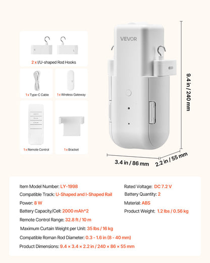 Automatic Curtain Opener, APP and Remote Control, Hub Included, Electric Smart Curtain Opener Compatible with Alexa and Google Home, Timed Opening and Closing, for U-shaped/I-shaped Rails