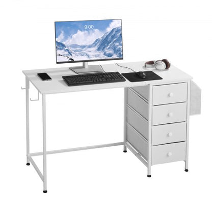 Computer Desk with Fabric Drawers, 120 cm Reversible Study Work Writing Desk for Modern Home Office Bedroom, Simple Modern Cute PC Table Metal Frame Business Furniture, White