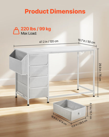 Computer Desk with Fabric Drawers, 120 cm Reversible Study Work Writing Desk for Modern Home Office Bedroom, Simple Modern Cute PC Table Metal Frame Business Furniture, White