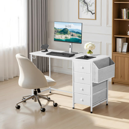 Computer Desk with Fabric Drawers, 120 cm Reversible Study Work Writing Desk for Modern Home Office Bedroom, Simple Modern Cute PC Table Metal Frame Business Furniture, White