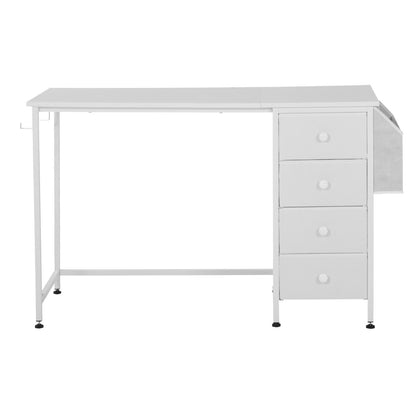 Computer Desk with Fabric Drawers, 120 cm Reversible Study Work Writing Desk for Modern Home Office Bedroom, Simple Modern Cute PC Table Metal Frame Business Furniture, White