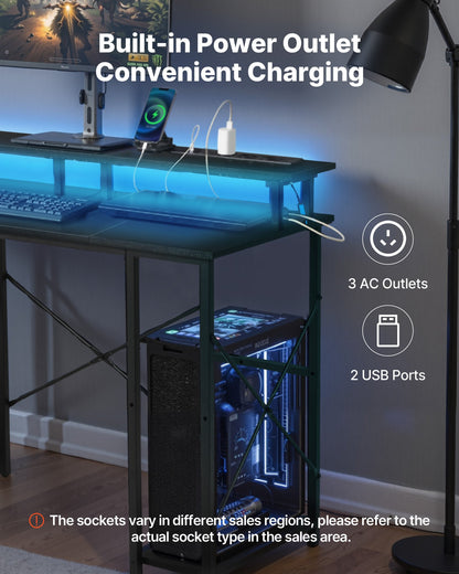 120 cm Computer Desk with Smart LED Lights and Power Outlets, Reversible Gaming Office Desk with Monitor Stand and 2-Tier Storage Shelves, Study Work for Home Office, Black