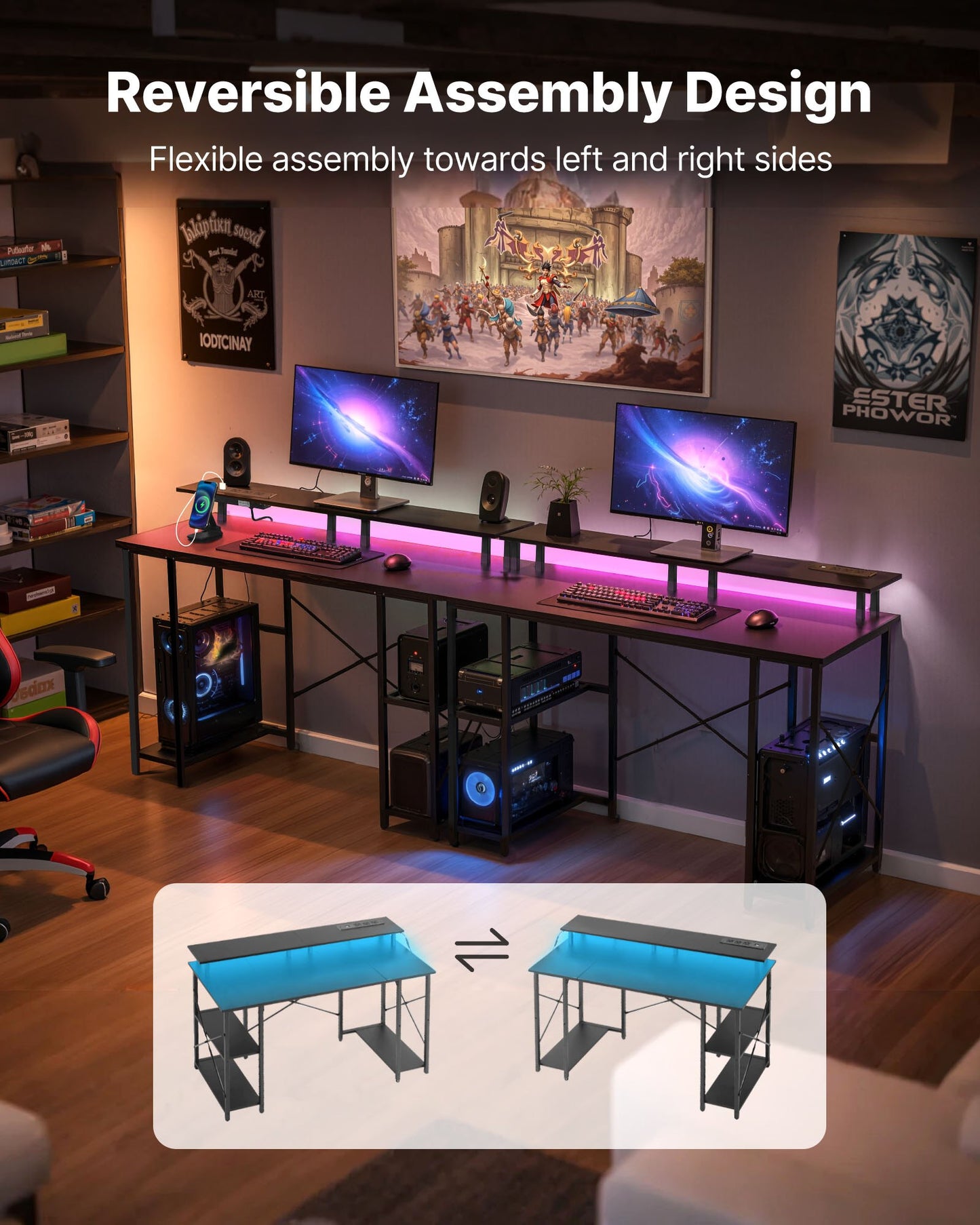 120 cm Computer Desk with Smart LED Lights and Power Outlets, Reversible Gaming Office Desk with Monitor Stand and 2-Tier Storage Shelves, Study Work for Home Office, Black