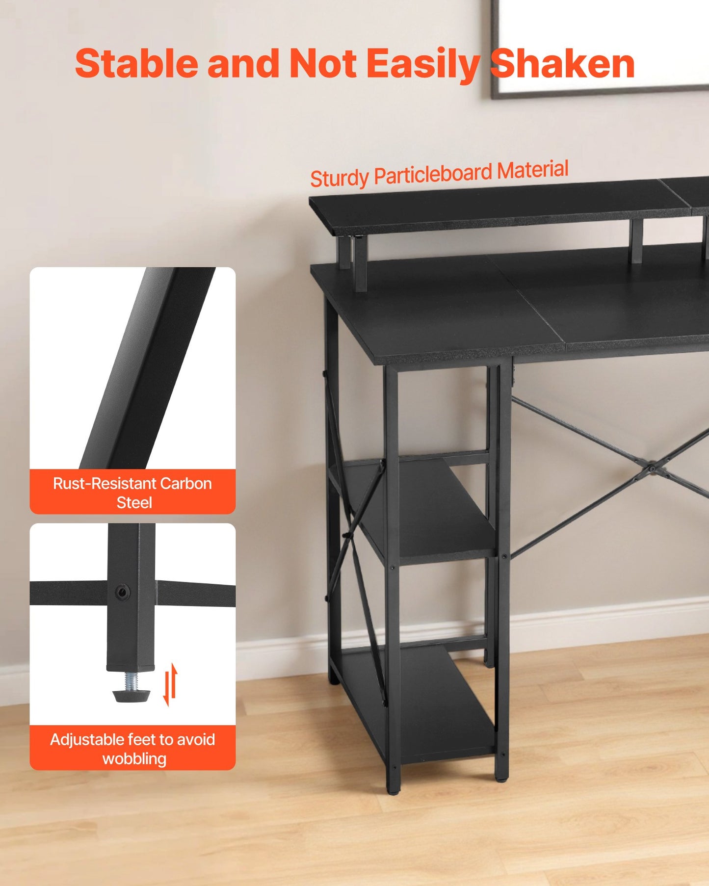 120 cm Computer Desk with Smart LED Lights and Power Outlets, Reversible Gaming Office Desk with Monitor Stand and 2-Tier Storage Shelves, Study Work for Home Office, Black