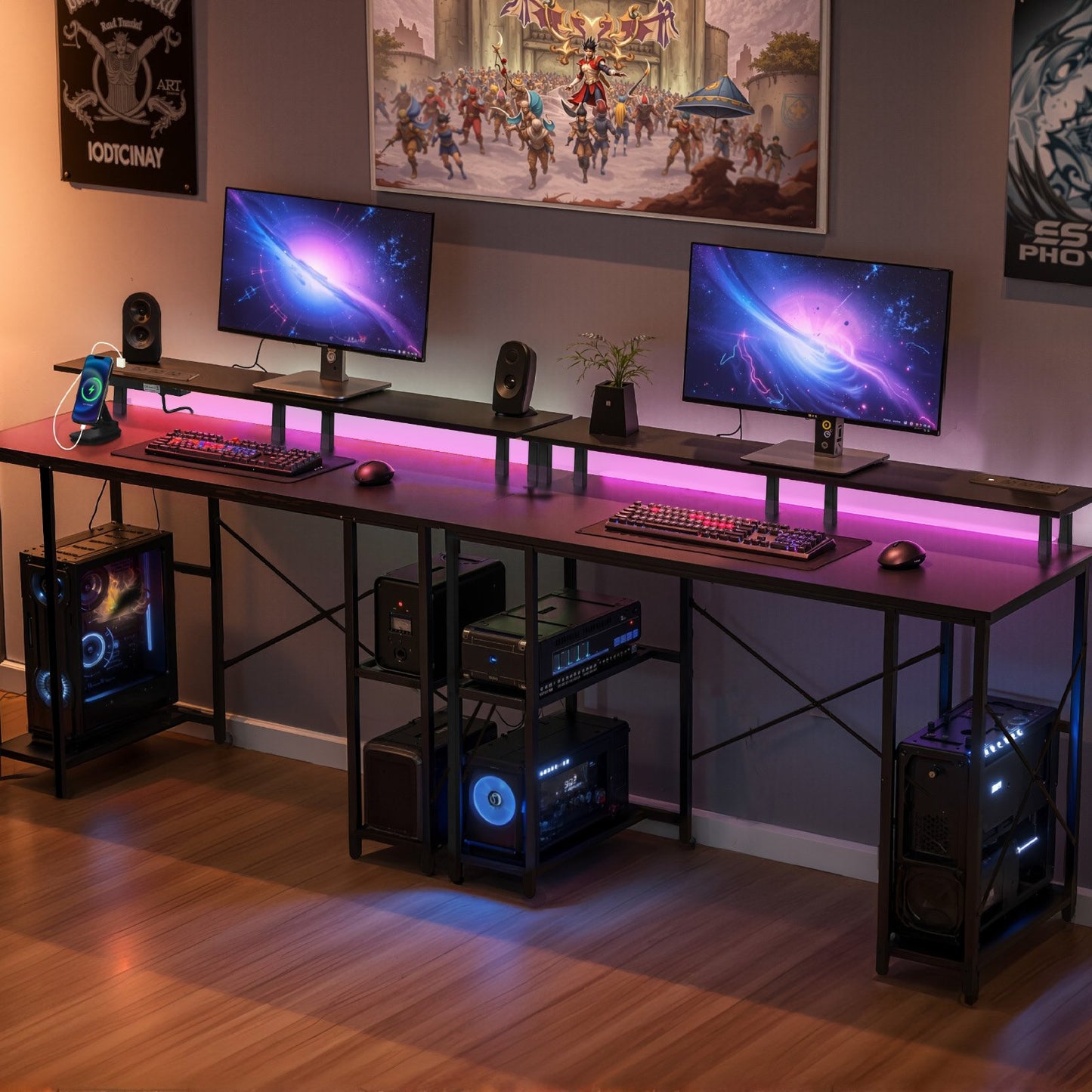 120 cm Computer Desk with Smart LED Lights and Power Outlets, Reversible Gaming Office Desk with Monitor Stand and 2-Tier Storage Shelves, Study Work for Home Office, Black