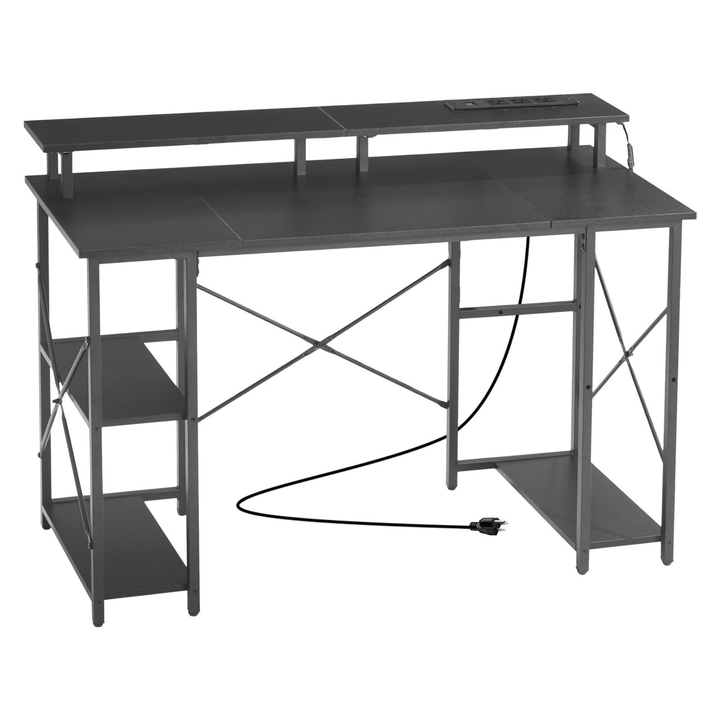 120 cm Computer Desk with Smart LED Lights and Power Outlets, Reversible Gaming Office Desk with Monitor Stand and 2-Tier Storage Shelves, Study Work for Home Office, Black