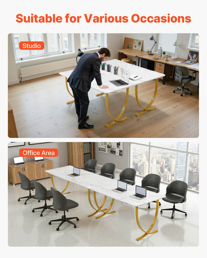 Executive Desk, 160 cm W x 80 cm D Large Office Desk, Modern Computer Table Conference Meeting Room Table, Business Furniture Enlarged Desktop for Home Office, White and Gold