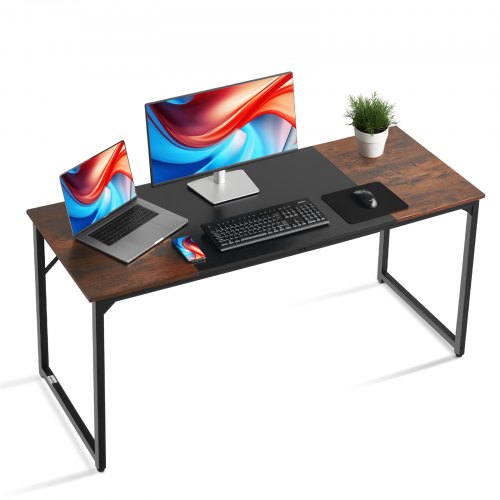 Computer Desk, 160 cm Office Gaming Desk for Home Office, Writing Study Work Modern Simple Table with Metal Frame for Large Legroom, Rustic Brown and Black