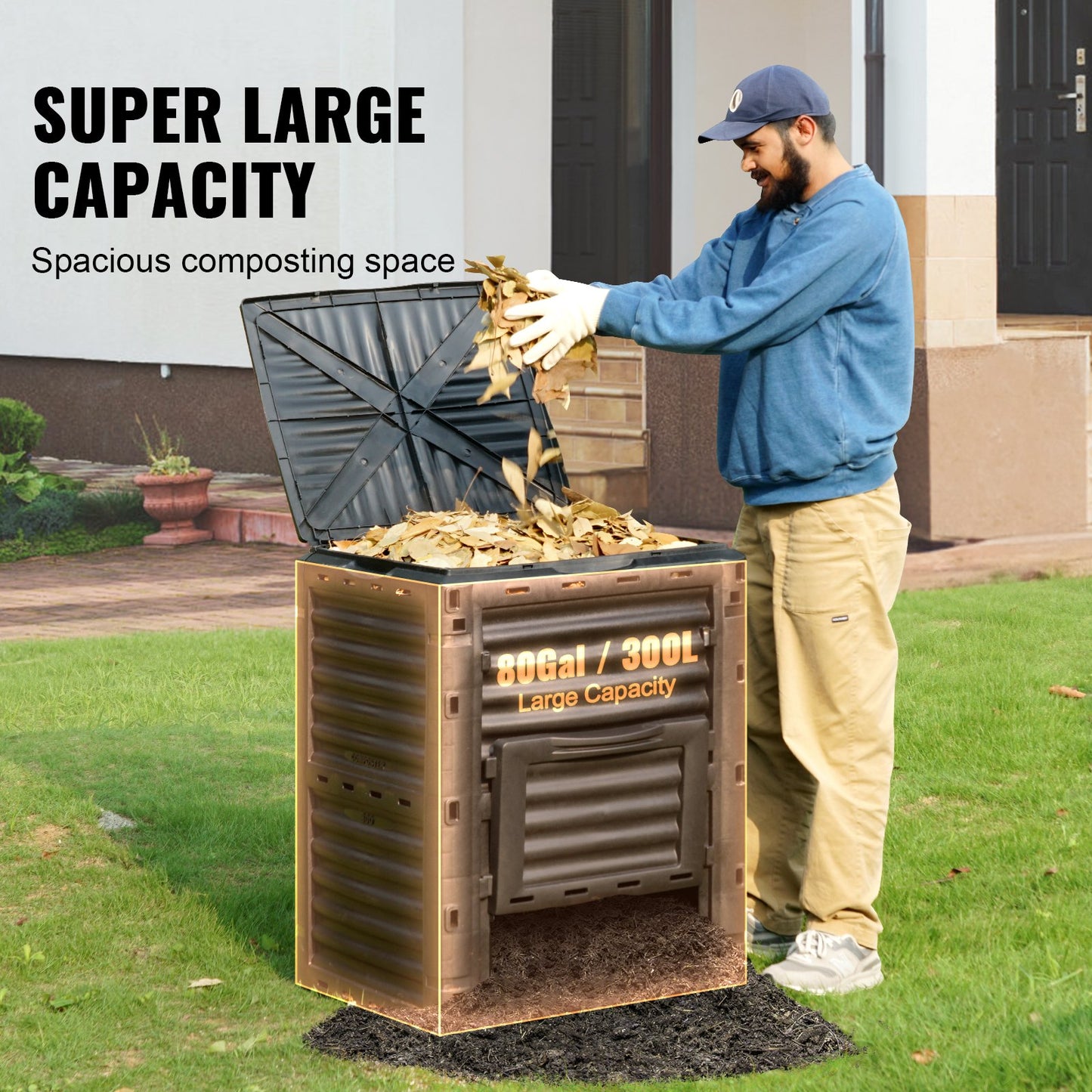Garden Compost Bin 80 Gal, BPA Free Composter, Large Capacity Outdoor Composting Bin with Top Lid and Bottom Door, Easy Assembling, Lightweight, Fast Creation of Fertile Soil