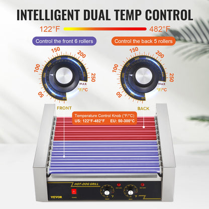 Electric 30 Hot Dog 11 Roller Grill Cooker Machine Backsplash Shelf 2.2KW