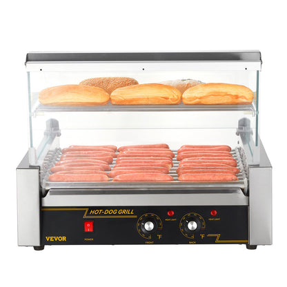 Electric 30 Hot Dog 11 Roller Grill Cooker Machine Backsplash Shelf 2.2KW