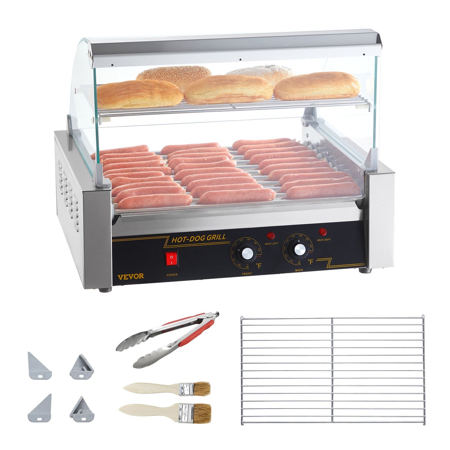 Electric 30 Hot Dog 11 Roller Grill Cooker Machine Backsplash Shelf 2.2KW