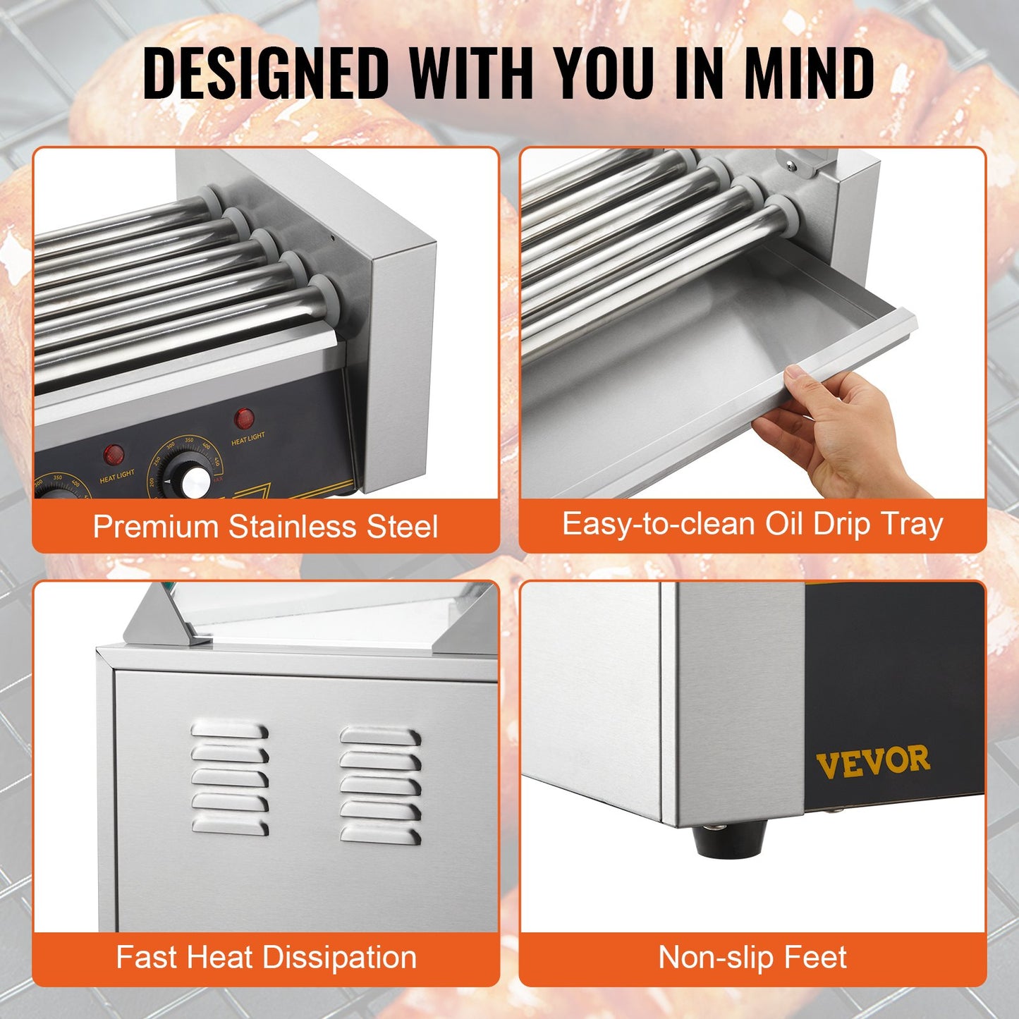 Electric 12 Hot Dog 5 Roller Grill Cooker Machine Backsplash & Shelf 1000W