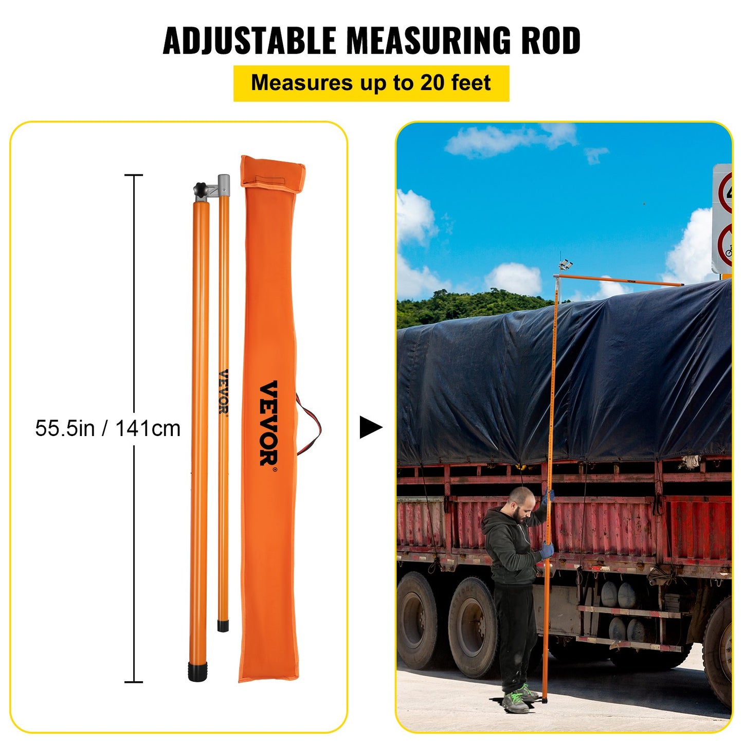 Load Height Measuring Stick, 20\' Sturdy Fiberglass Truck Height Stick with Adjustable Pole, Non-conductive Truck Height Measuring Stick with Carrying Bag, Height Stick for Trucks, Car Haulers