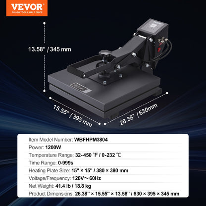 Heat Press Machine 15 x 15 in/38.1 x 38.1 cm Sublimation Printer Transfer for DIY T-shirt
