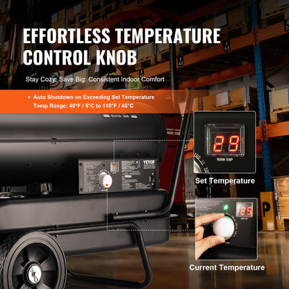 Petroleum-/Diesel-Heißluftheizung, 100.000 BTU, tragbar mit Thermostatsteuerung, 38-Liter-Tank, effiziente Petroleumheizung für den Innen- und Außenbereich, geeignet für Zuhause, Baustellen, Industrie und Werkstätten, Schwarz