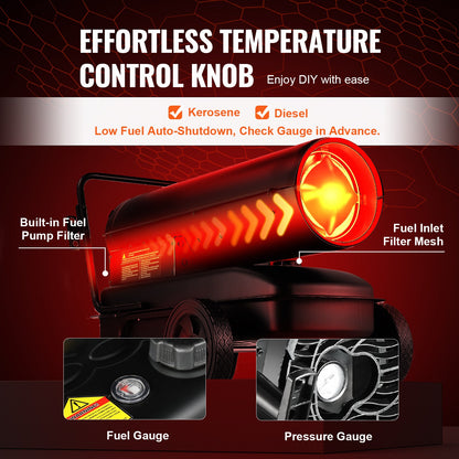 Petroleum-/Diesel-Heißluftheizung, 100.000 BTU, tragbar mit Thermostatsteuerung, 38-Liter-Tank, effiziente Petroleumheizung für den Innen- und Außenbereich, geeignet für Zuhause, Baustellen, Industrie und Werkstätten, Schwarz