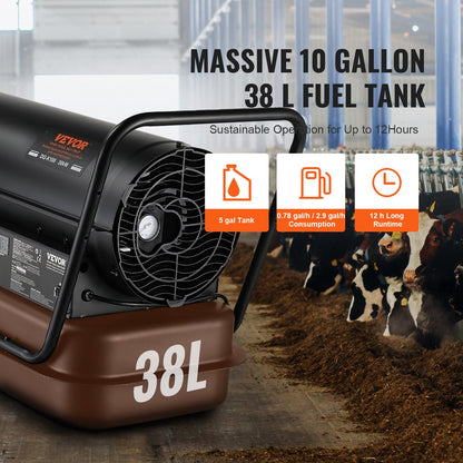 Petroleum-/Diesel-Heißluftheizung, 100.000 BTU, tragbar mit Thermostatsteuerung, 38-Liter-Tank, effiziente Petroleumheizung für den Innen- und Außenbereich, geeignet für Zuhause, Baustellen, Industrie und Werkstätten, Schwarz