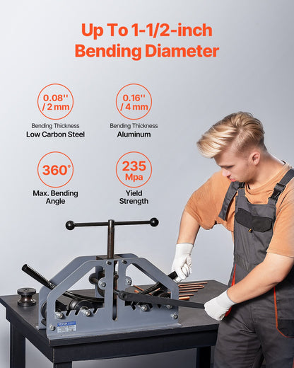 Tube Roller Bender, Max 1-1/2" Manual Tube Pipe Roller Bender with 6 Dies, 360° Copper Aluminum Pipe Bending Tool for Square, Round Tube & Flat Bar, Ideal for HVAC Air Conditioning Auto Repair