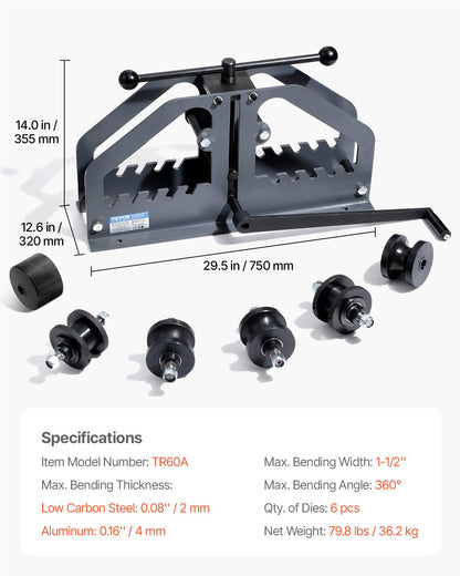 Tube Roller Bender, Max 1-1/2" Manual Tube Pipe Roller Bender with 6 Dies, 360° Copper Aluminum Pipe Bending Tool for Square, Round Tube & Flat Bar, Ideal for HVAC Air Conditioning Auto Repair