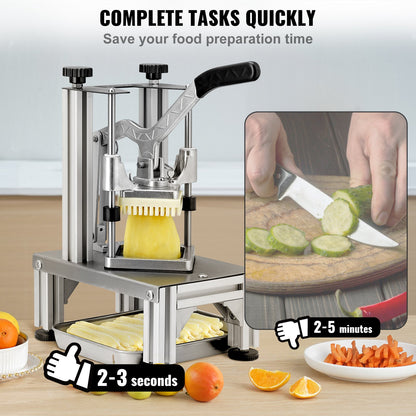 Commercial French Fry Cutter with 4 Replacement Blades, 0.64 cm & 0.95 cm Blade Easy Dicer Chopper, 6-wedge Slicer & 6-wedge Apple Corer, Lemon Potato Cutter for French Fries with Tray and Handle