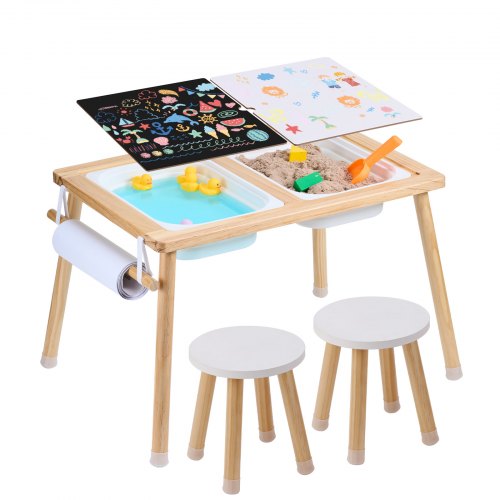 Sensory Table and Chairs Set, Toddlers Activity Table with 2 Stools, 2 Storage Bins & Paper Roll Holder, Indoor/Outdoor Play Sand and Water Table, Wooden Kids Sensory Table - Gift for Boys Girls