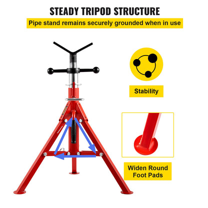 V Head Pipe Stand 1/8"-12" Capacity, Adjustable Height 610mm-1067mm, Pipe Jack Stands 1134kg Load Capacity, Portable Folding Pipe Stands, Carbon Steel Body for Enhanced Durability